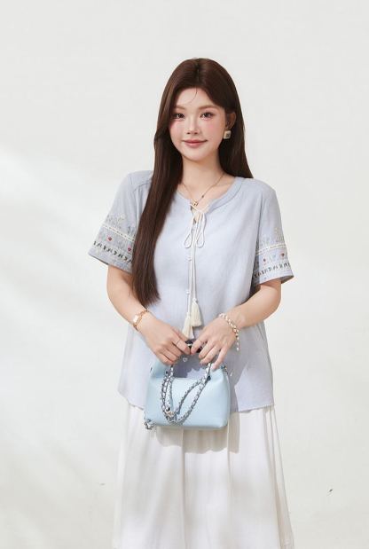 Summer Plus Size French Tie Slimming Tummy Control Blouse FXA7100