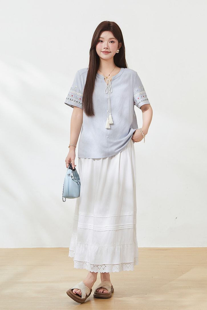 Summer Plus Size French Tie Slimming Tummy Control Blouse FXA7100