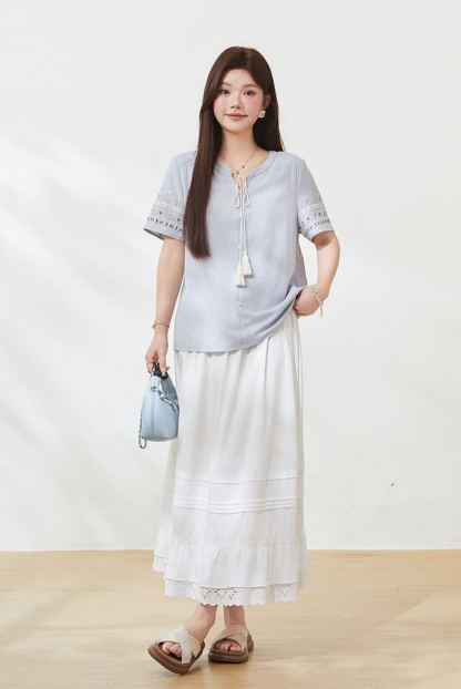 Summer Plus Size French Tie Slimming Tummy Control Blouse FXA7100