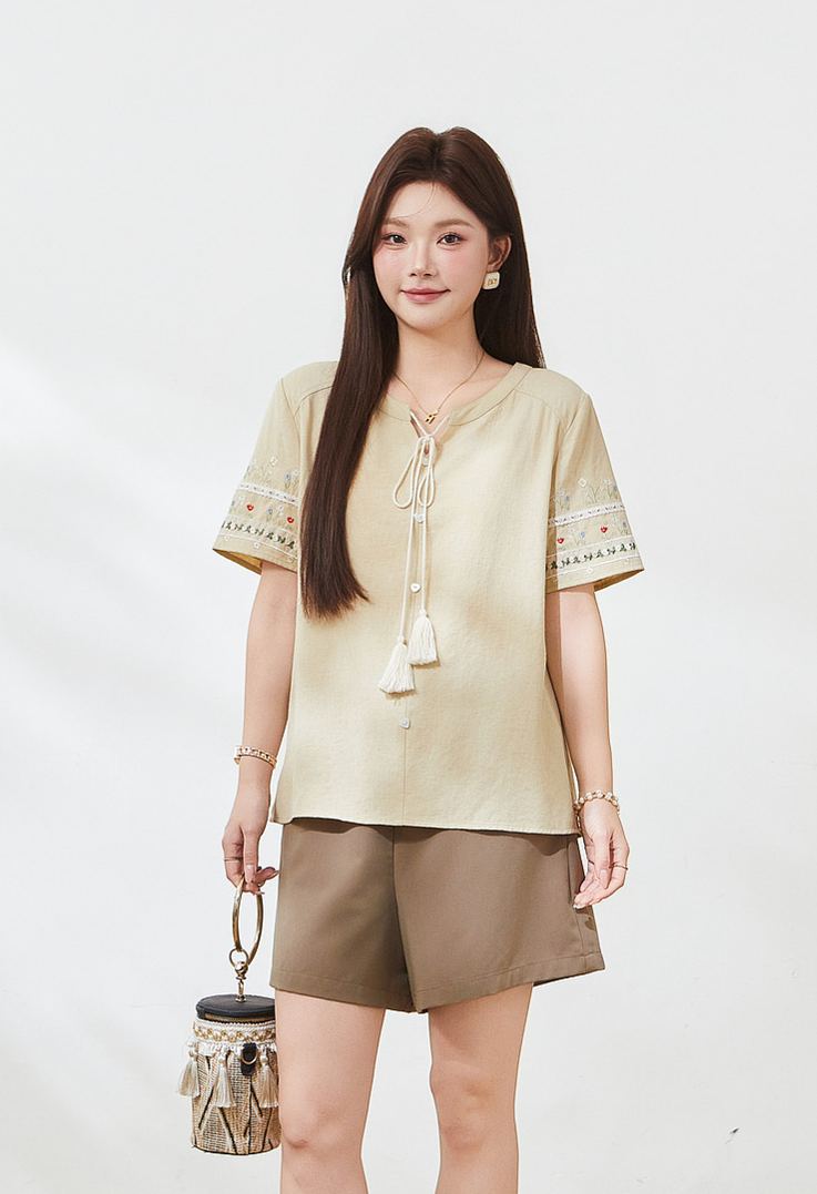 Summer Plus Size French Tie Slimming Tummy Control Blouse FXA7100