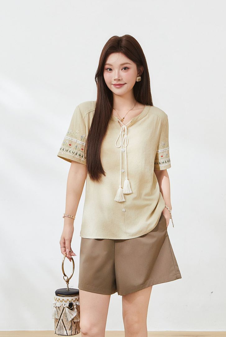 Summer Plus Size French Tie Slimming Tummy Control Blouse FXA7100