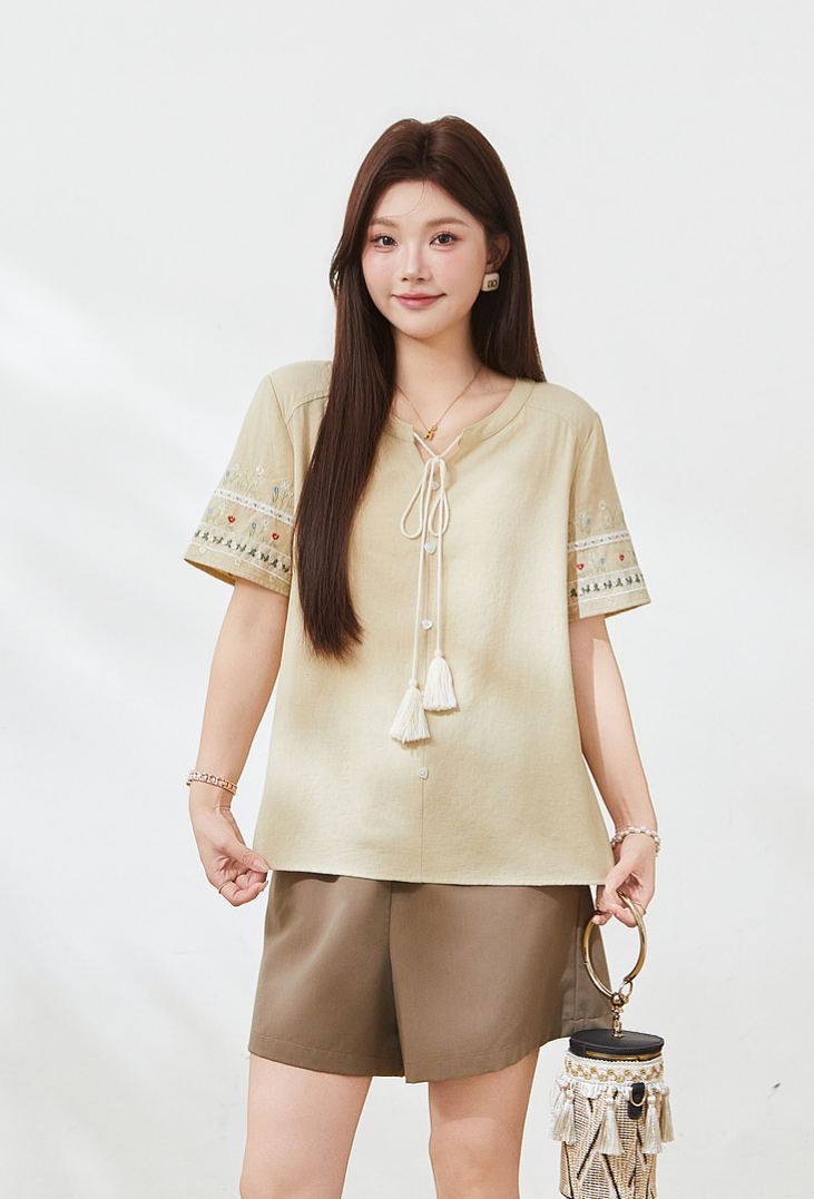 Summer Plus Size French Tie Slimming Tummy Control Blouse FXA7100