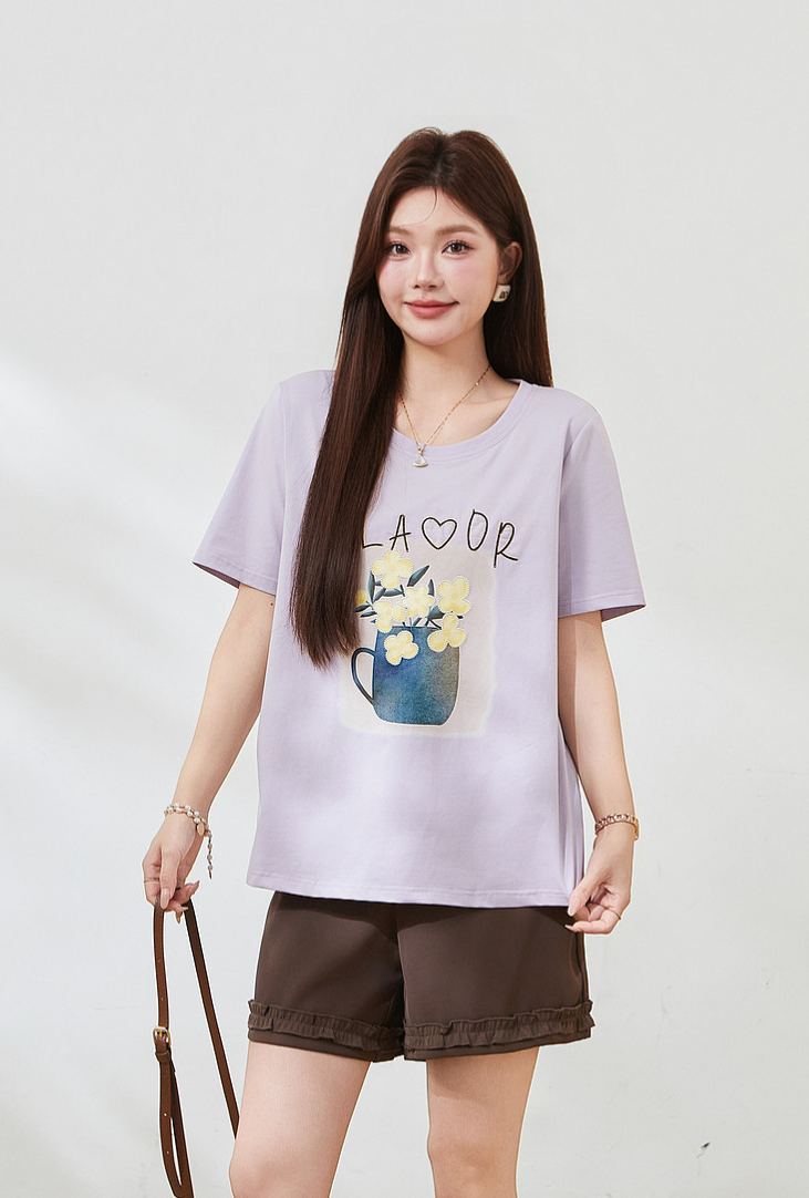 Summer New Plus Size Square Shoulder Loose Crew Neck Embroidery Print Tee FXZ7382