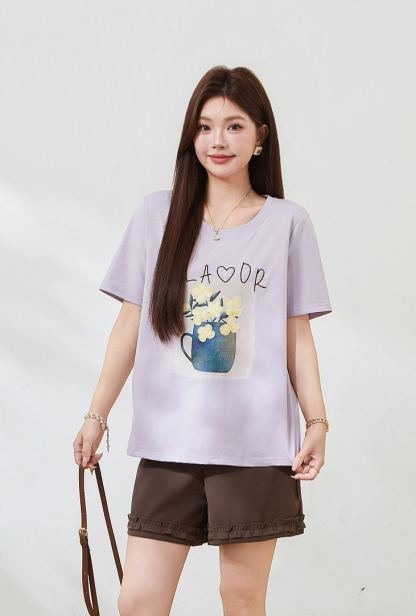 Summer New Plus Size Square Shoulder Loose Crew Neck Embroidery Print Tee FXZ7382