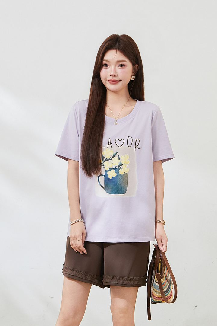 Summer New Plus Size Square Shoulder Loose Crew Neck Embroidery Print Tee FXZ7382