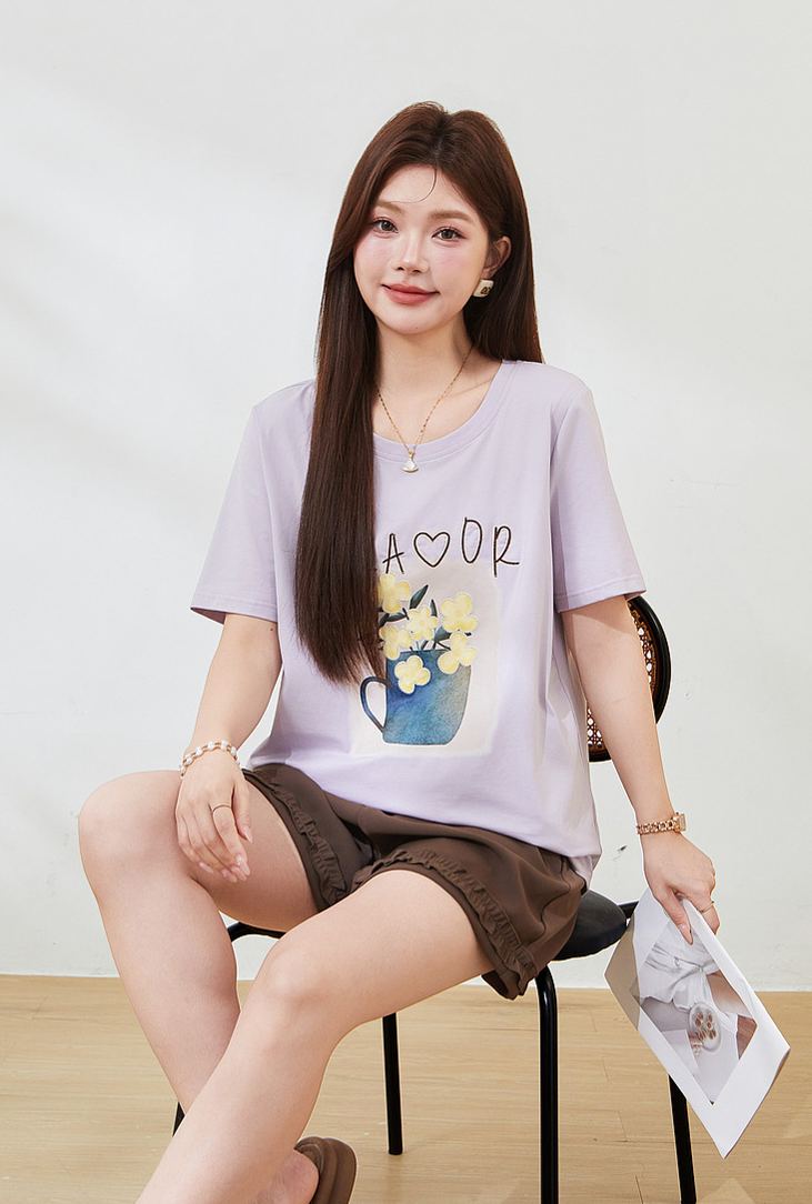 Summer New Plus Size Square Shoulder Loose Crew Neck Embroidery Print Tee FXZ7382