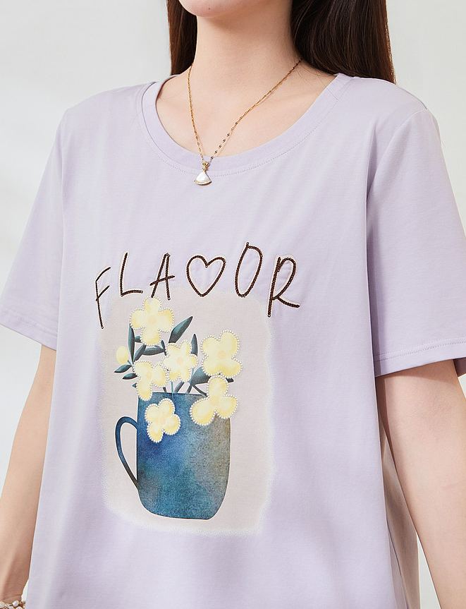 Summer New Plus Size Square Shoulder Loose Crew Neck Embroidery Print Tee FXZ7382