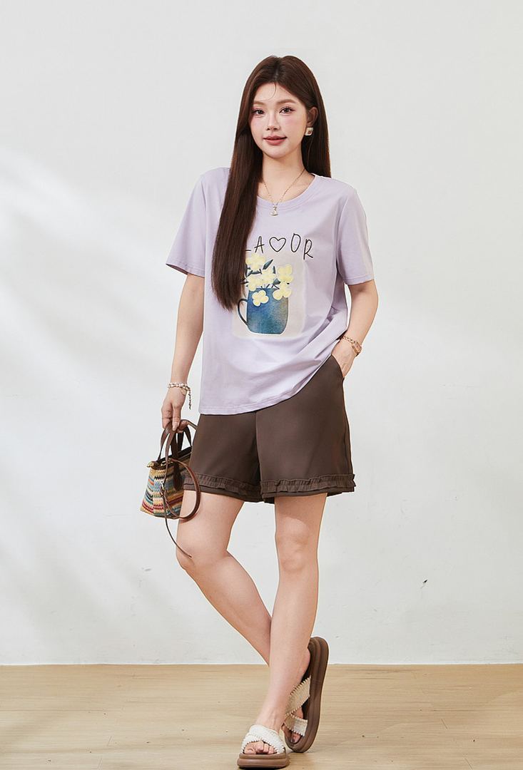 Summer New Plus Size Square Shoulder Loose Crew Neck Embroidery Print Tee FXZ7382