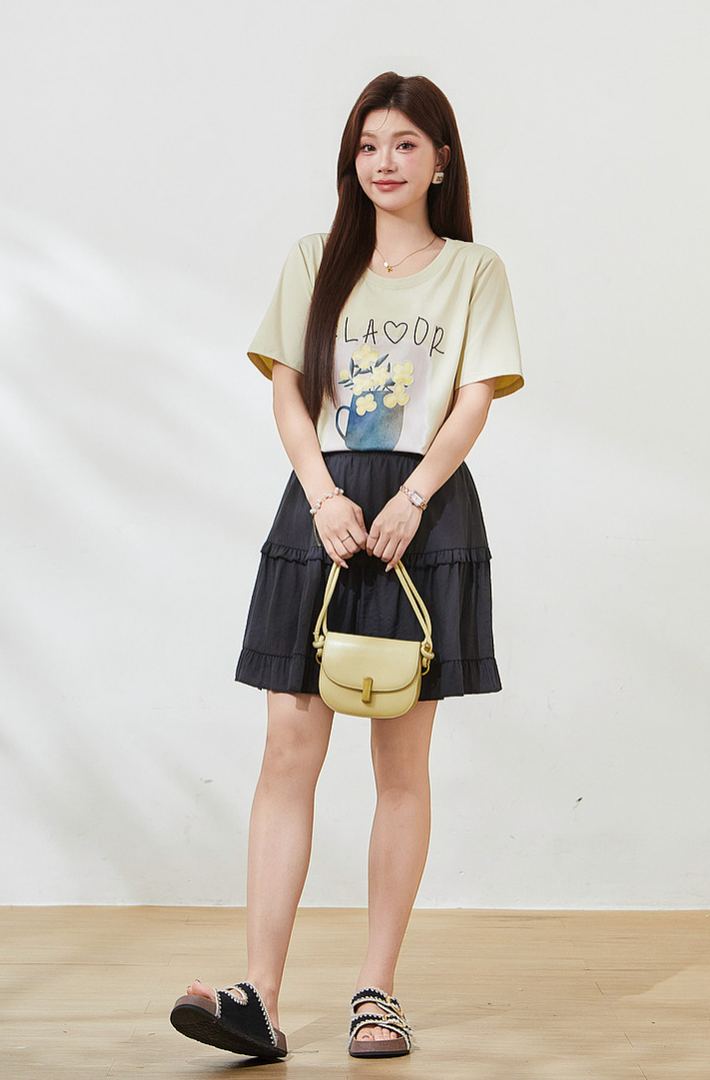 Summer New Plus Size Square Shoulder Loose Crew Neck Embroidery Print Tee FXZ7382