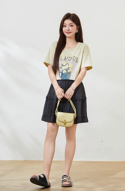 Summer New Plus Size Square Shoulder Loose Crew Neck Embroidery Print Tee FXZ7382