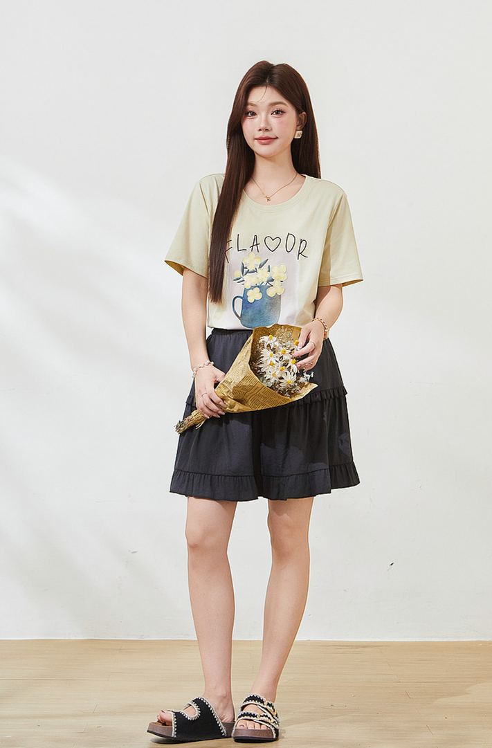 Summer New Plus Size Square Shoulder Loose Crew Neck Embroidery Print Tee FXZ7382