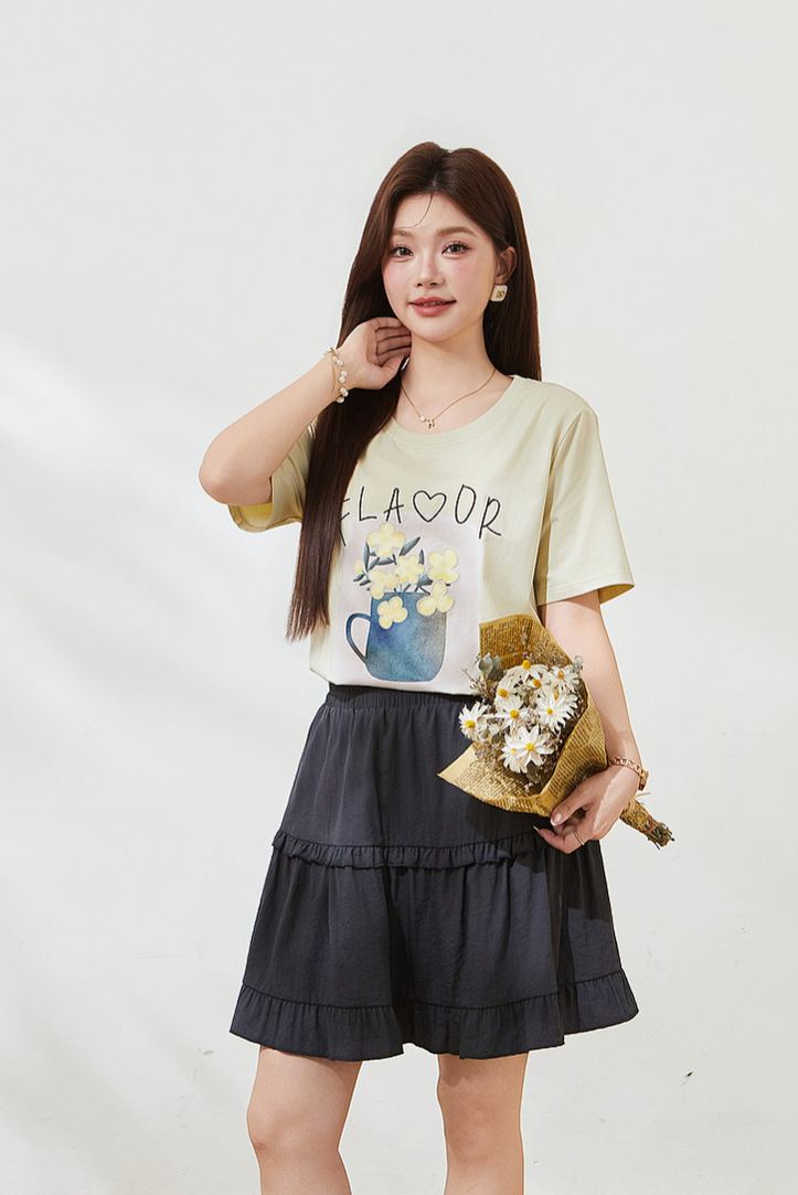 Summer New Plus Size Square Shoulder Loose Crew Neck Embroidery Print Tee FXZ7382