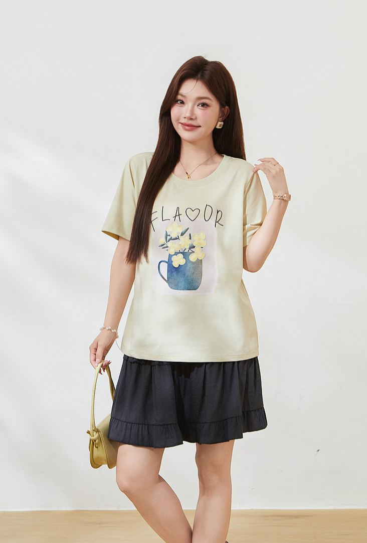 Summer New Plus Size Square Shoulder Loose Crew Neck Embroidery Print Tee FXZ7382