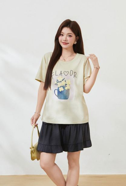 Summer New Plus Size Square Shoulder Loose Crew Neck Embroidery Print Tee FXZ7382
