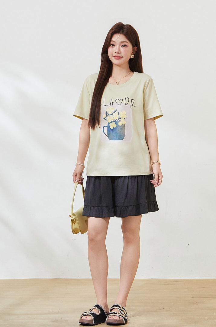 Summer New Plus Size Square Shoulder Loose Crew Neck Embroidery Print Tee FXZ7382