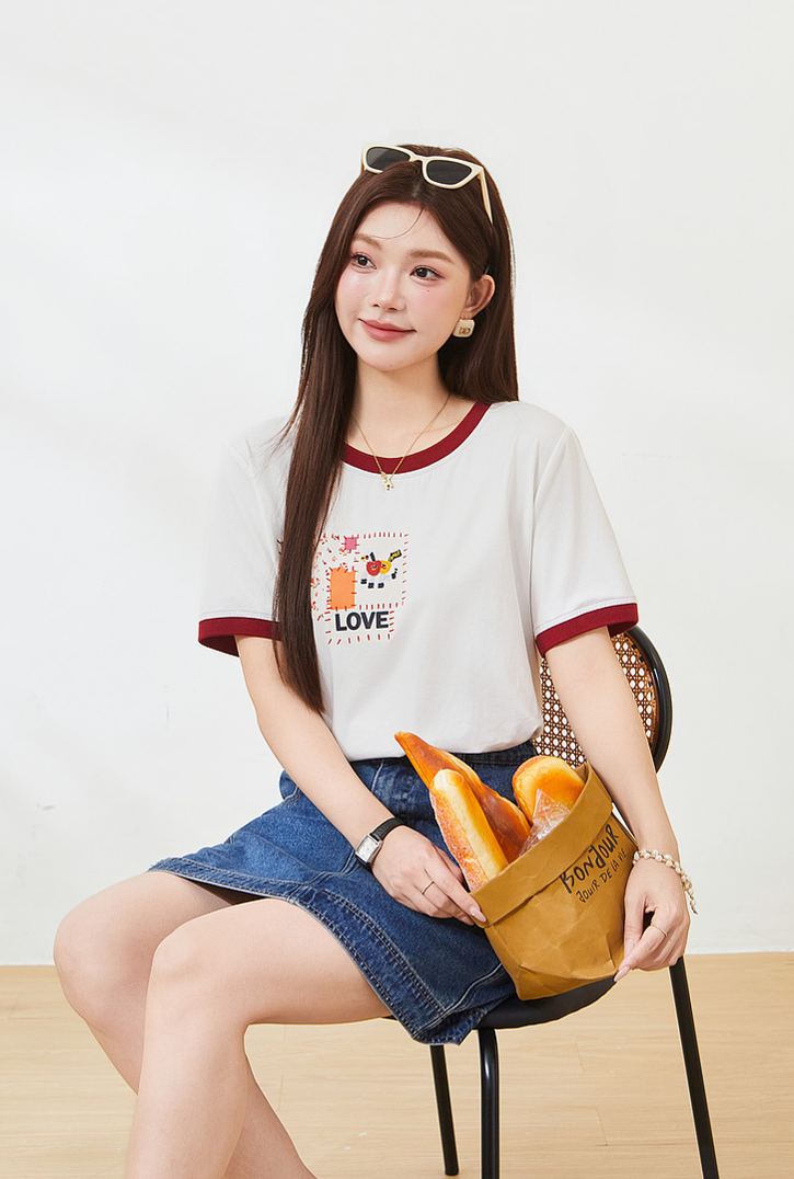 Summer Loose Slimming Color Block 3D Print Knit Tee FXZ7267