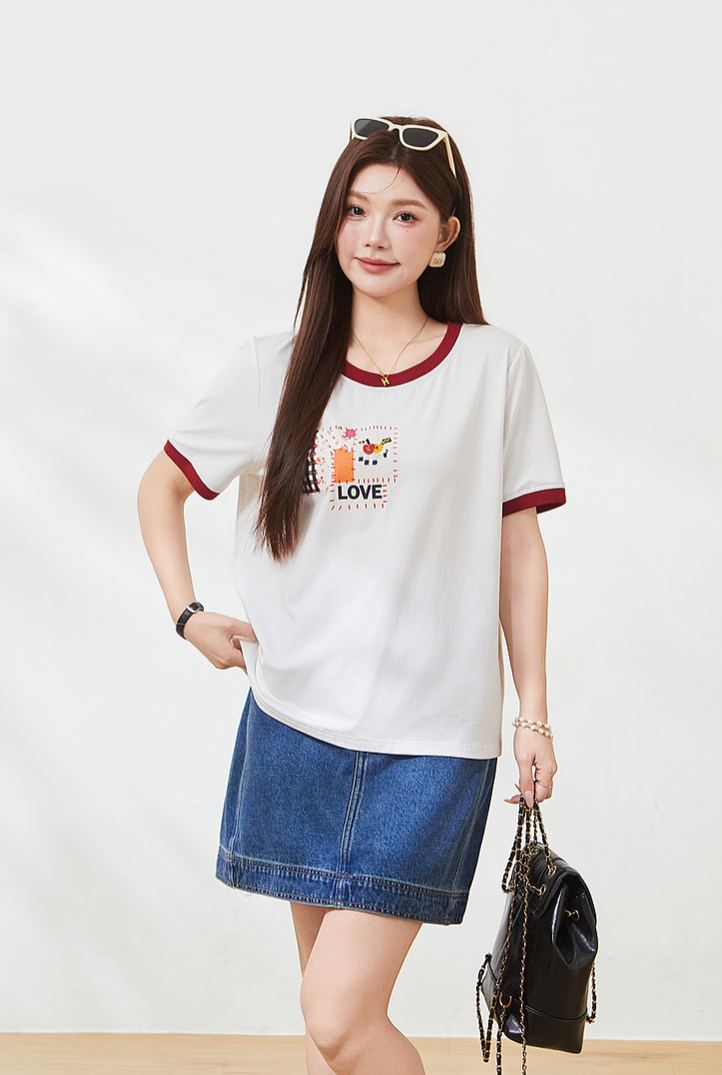 Summer Loose Slimming Color Block 3D Print Knit Tee FXZ7267