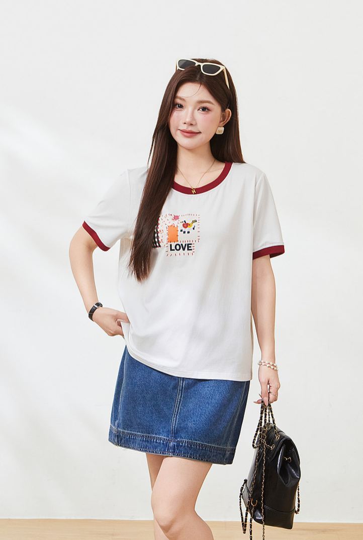 Summer Loose Slimming Color Block 3D Print Knit Tee FXZ7267