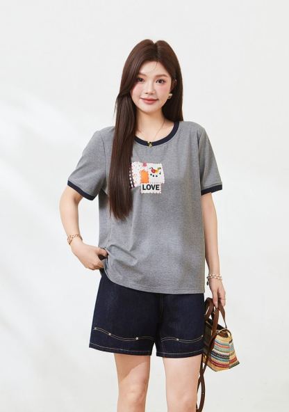Summer Loose Slimming Color Block 3D Print Knit Tee FXZ7267