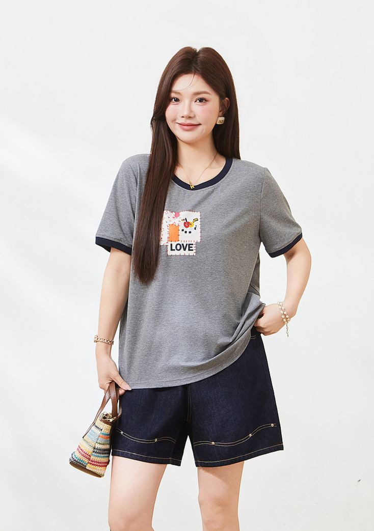 Summer Loose Slimming Color Block 3D Print Knit Tee FXZ7267