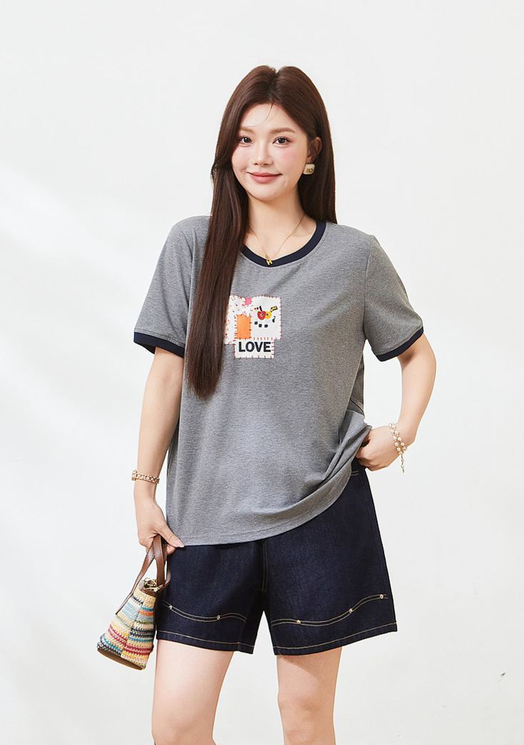Summer Loose Slimming Color Block 3D Print Knit Tee FXZ7267