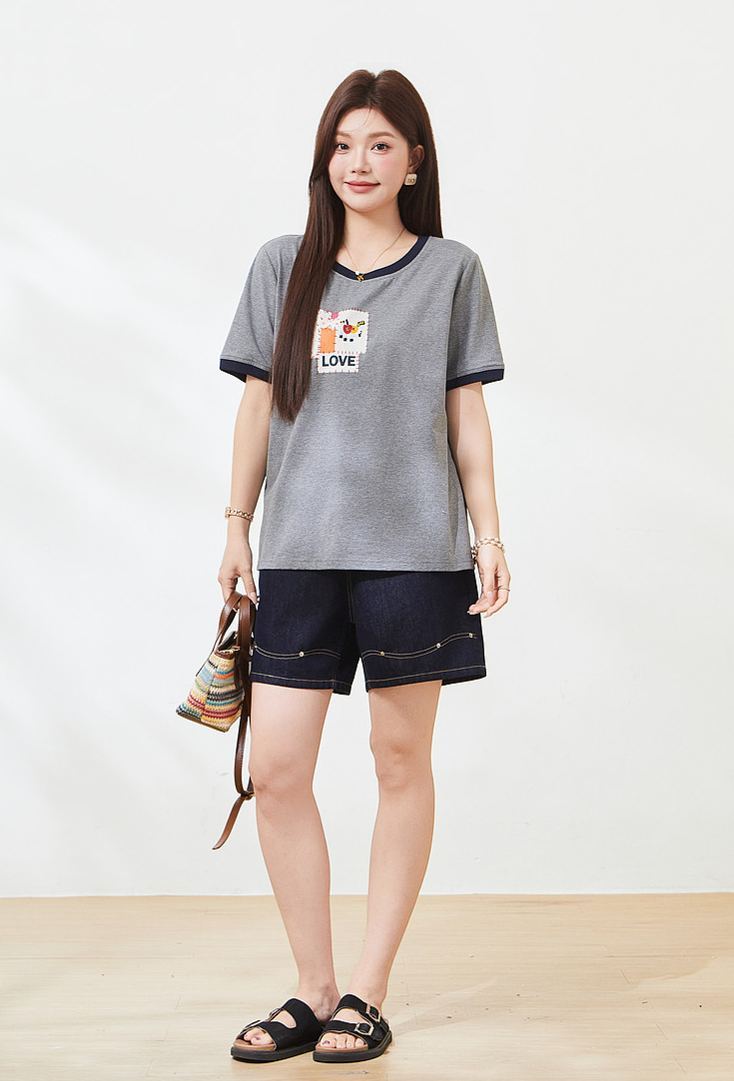 Summer Loose Slimming Color Block 3D Print Knit Tee FXZ7267