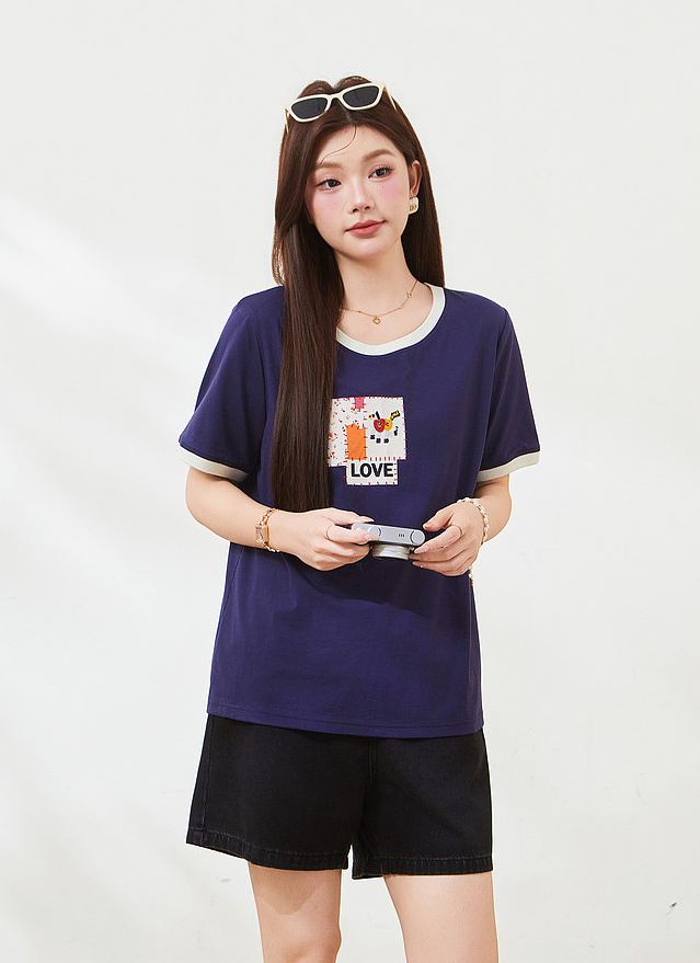Summer Loose Slimming Color Block 3D Print Knit Tee FXZ7267