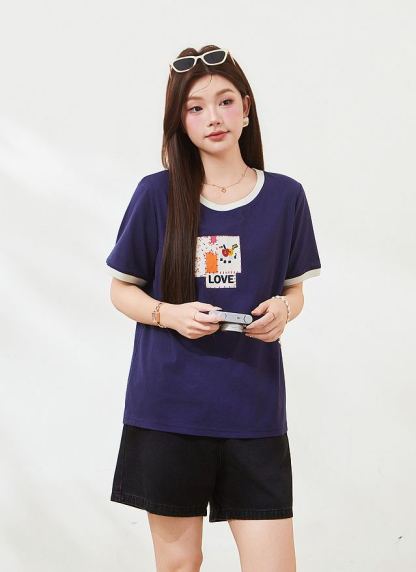 Summer Loose Slimming Color Block 3D Print Knit Tee FXZ7267
