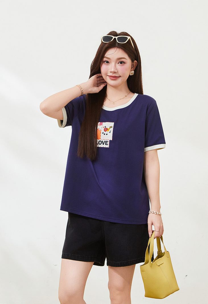 Summer Loose Slimming Color Block 3D Print Knit Tee FXZ7267