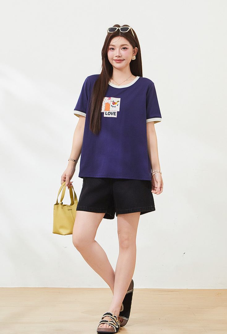 Summer Loose Slimming Color Block 3D Print Knit Tee FXZ7267