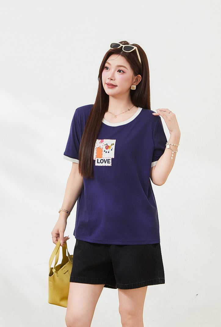 Summer Loose Slimming Color Block 3D Print Knit Tee FXZ7267