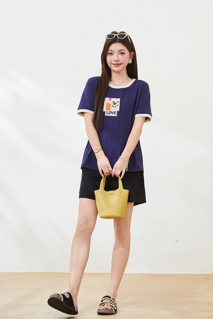 Summer Loose Slimming Color Block 3D Print Knit Tee FXZ7267