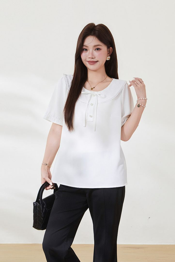 Plus Size Crew Neck Embroidered Blouse FXA7182