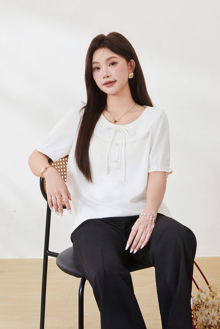 Plus Size Crew Neck Embroidered Blouse FXA7182