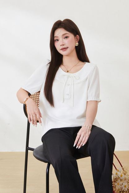 Plus Size Crew Neck Embroidered Blouse FXA7182