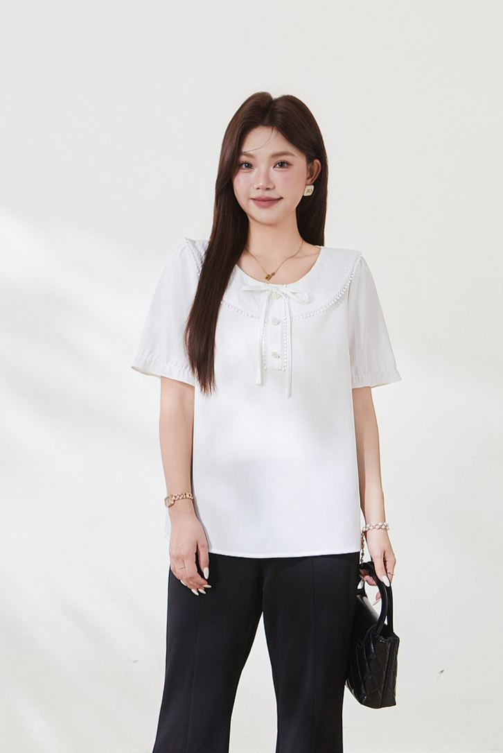 Plus Size Crew Neck Embroidered Blouse FXA7182