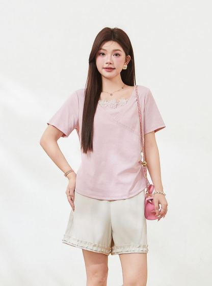 Plus Size Slimming Short Sleeve T-Shirt for Curvy Women FXZ7331