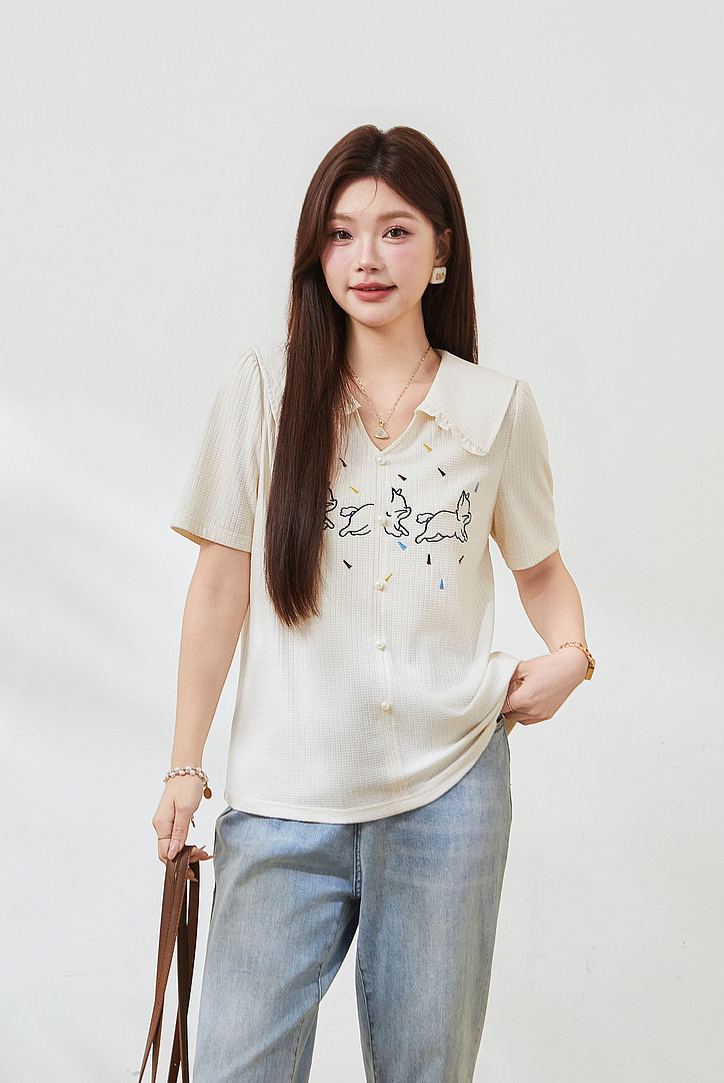 Plus Size Slim Embroidered Short Sleeve Tee FXZ7338