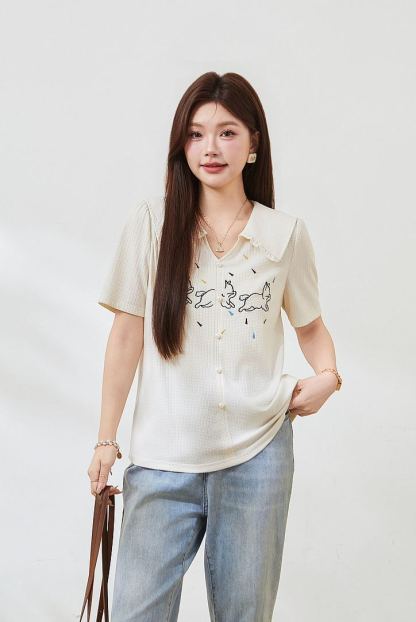 Plus Size Slim Embroidered Short Sleeve Tee FXZ7338