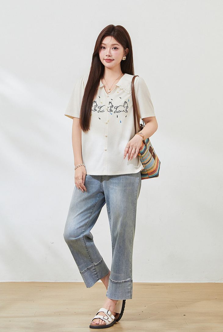 Plus Size Slim Embroidered Short Sleeve Tee FXZ7338