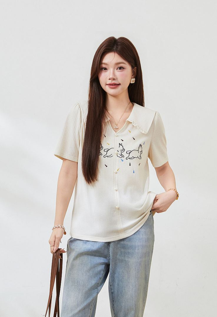Plus Size Slim Embroidered Short Sleeve Tee FXZ7338