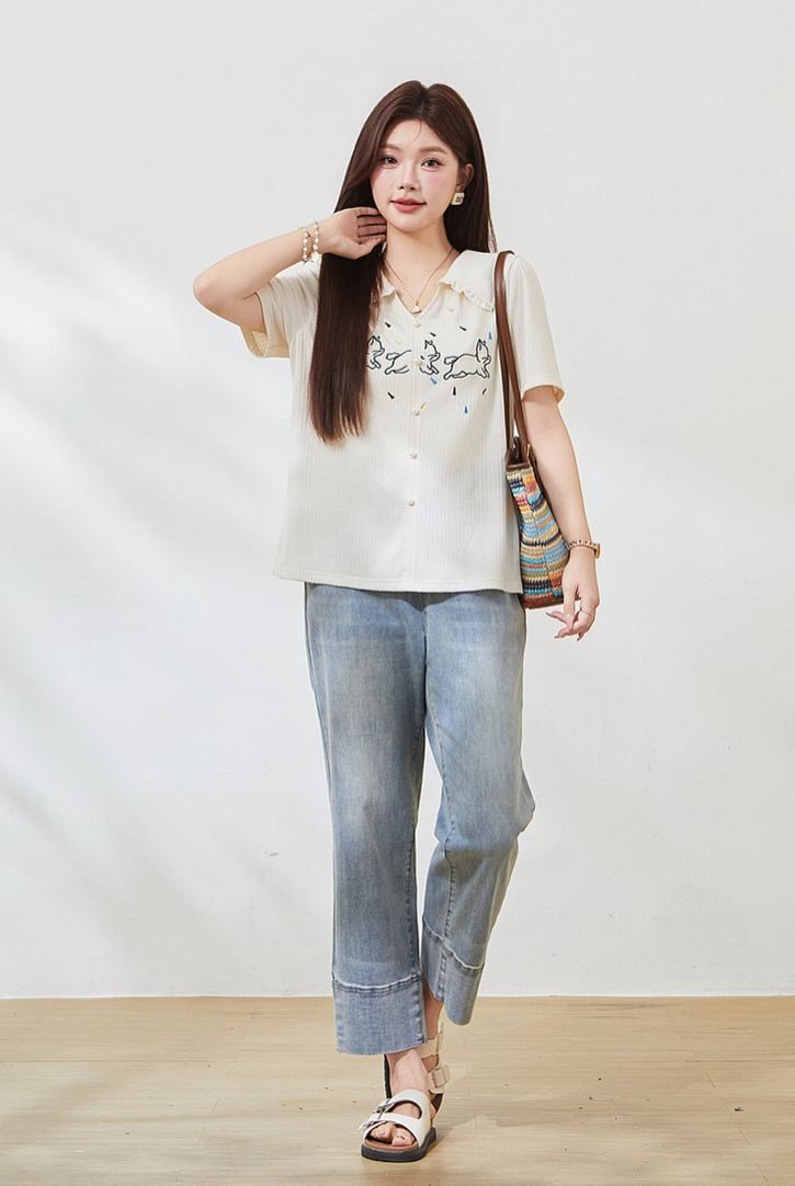 Plus Size Slim Embroidered Short Sleeve Tee FXZ7338
