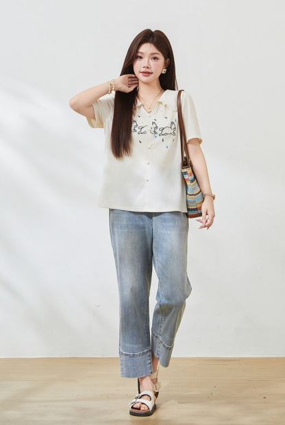 Plus Size Slim Embroidered Short Sleeve Tee FXZ7338