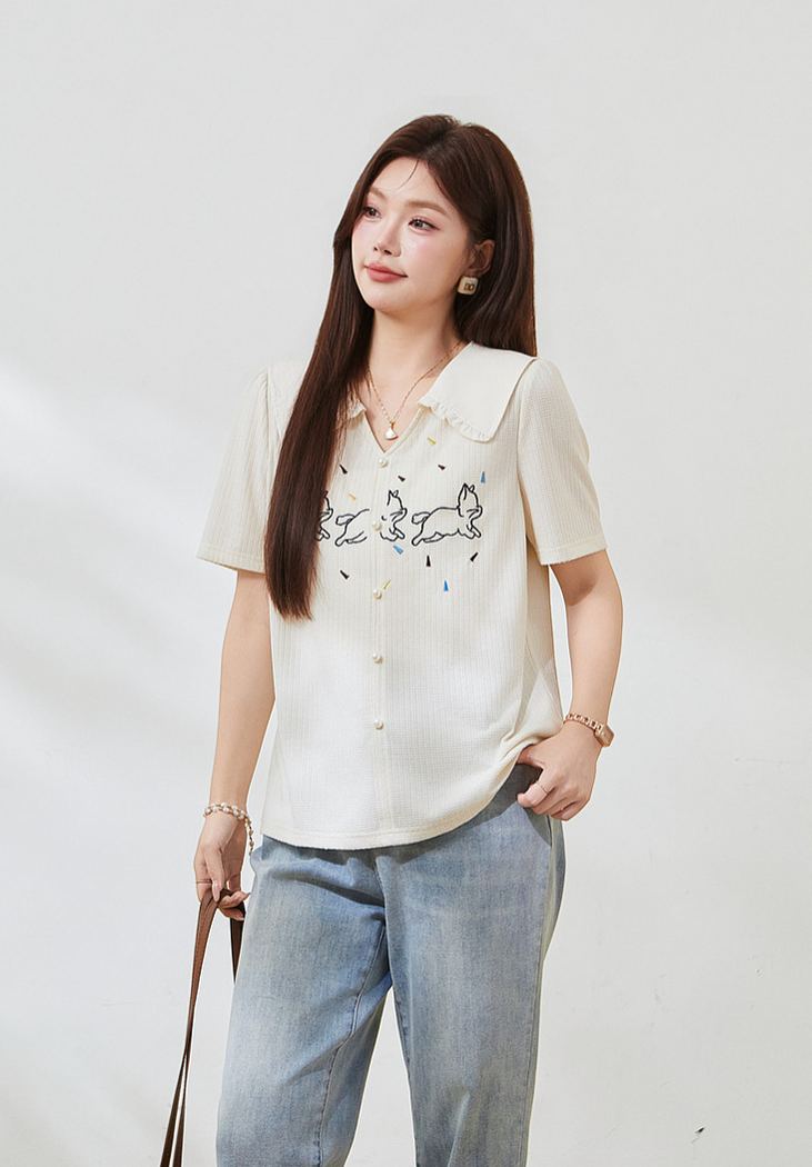 Plus Size Slim Embroidered Short Sleeve Tee FXZ7338