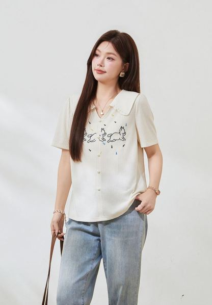 Plus Size Slim Embroidered Short Sleeve Tee FXZ7338