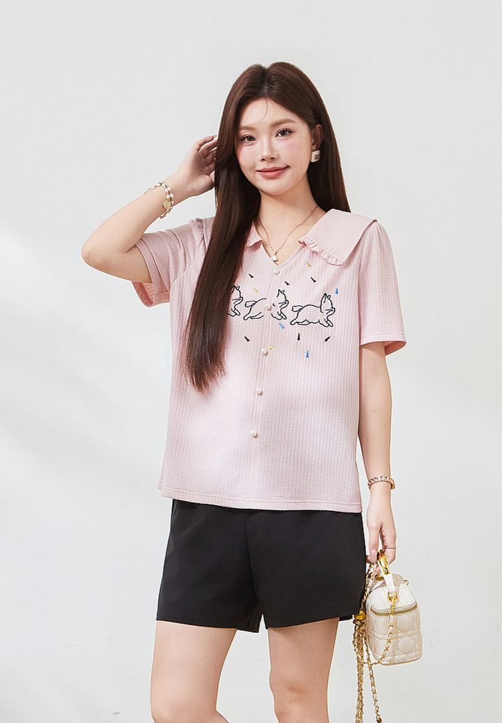 Plus Size Slim Embroidered Short Sleeve Tee FXZ7338