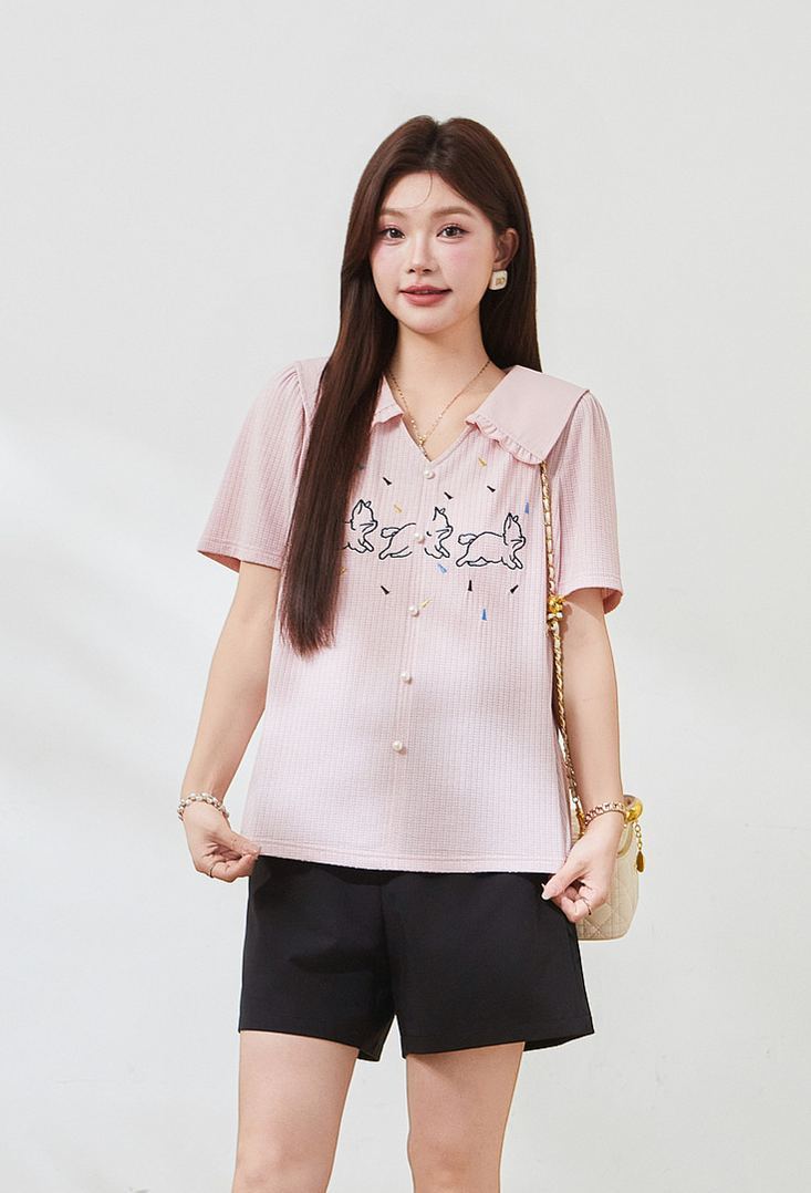 Plus Size Slim Embroidered Short Sleeve Tee FXZ7338