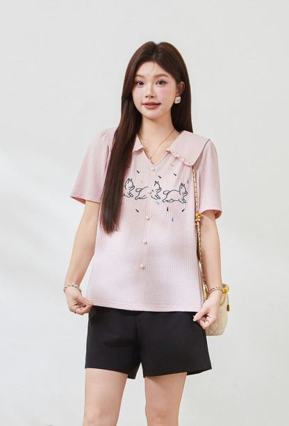 Plus Size Slim Embroidered Short Sleeve Tee FXZ7338