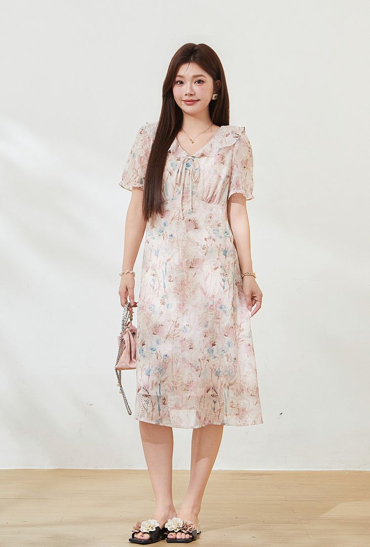 Plus Size V Neck Floral Waist Cinched Slimming Dress FXQ7530