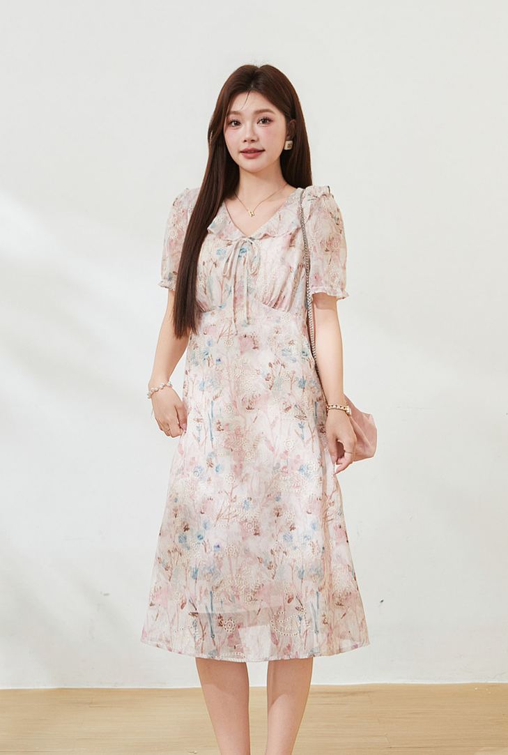 Plus Size V Neck Floral Waist Cinched Slimming Dress FXQ7530